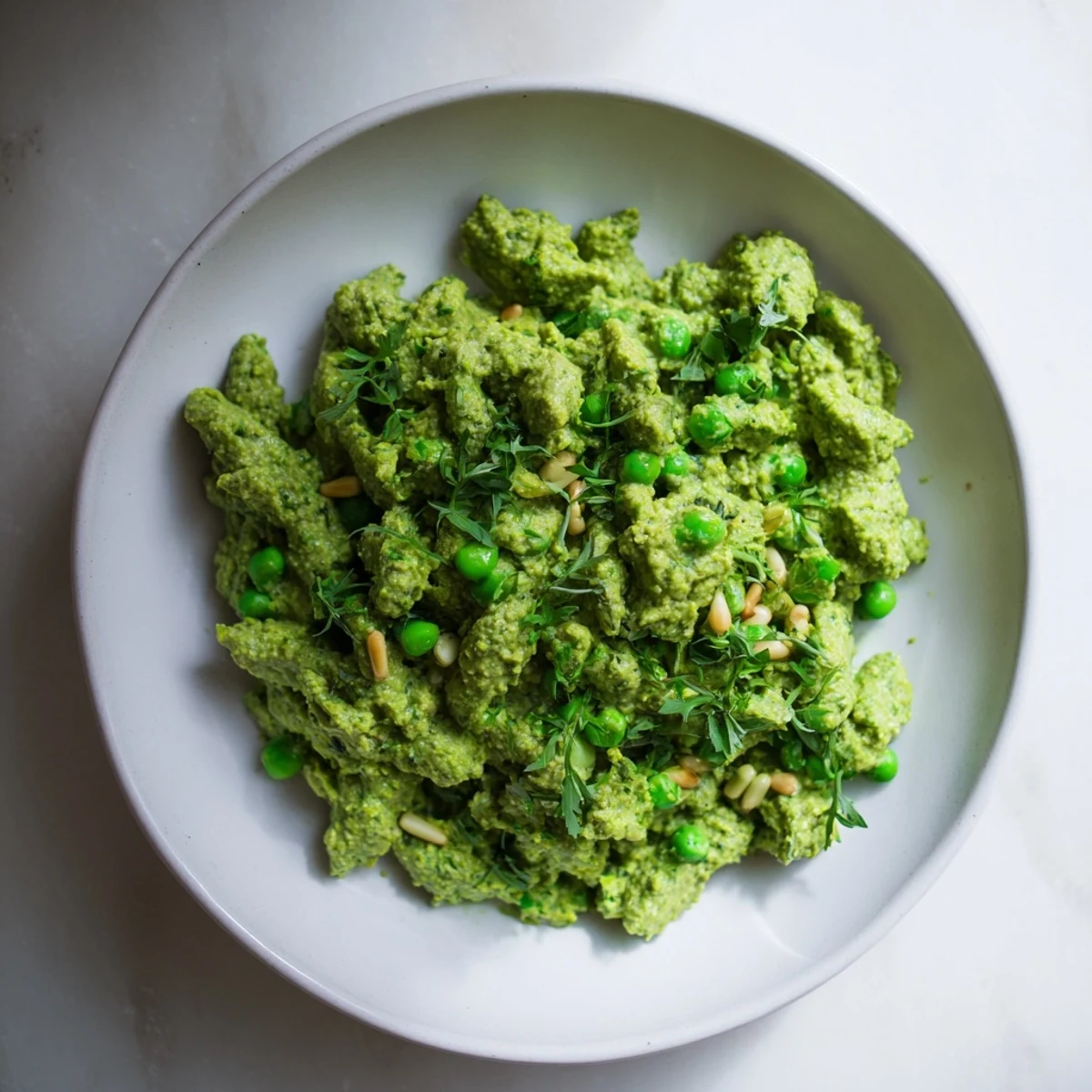 A bowl of vibrant Green Pea & Spinach Pasta, a healthy and creamy vegetarian meal.
