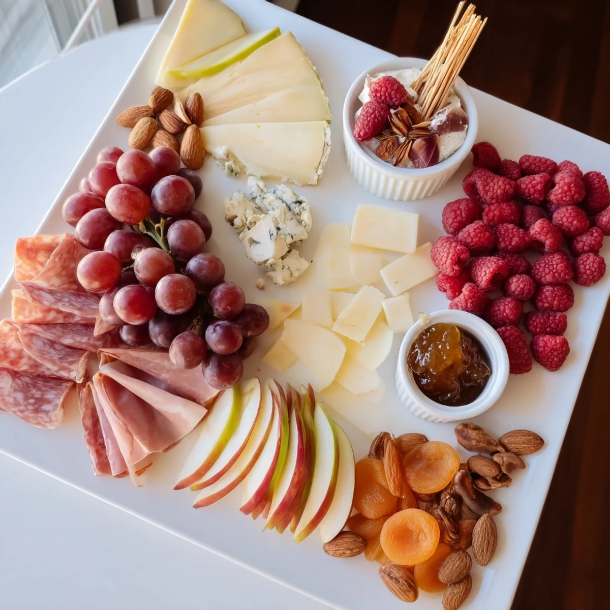 Elegant Lace & Pearls Board appetizer, showcasing fine cheeses, charcuterie, and fresh fruit awaiting guests.