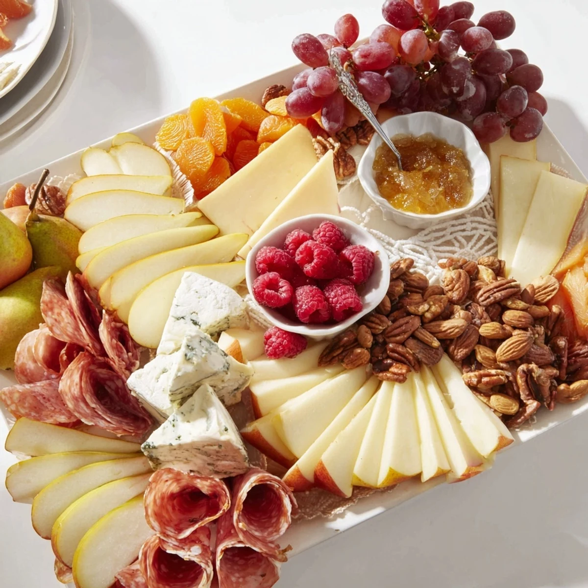 This Lace & Pearls Elegant Board features a stunning arrangement of foods perfect for entertaining, with figs and honey.