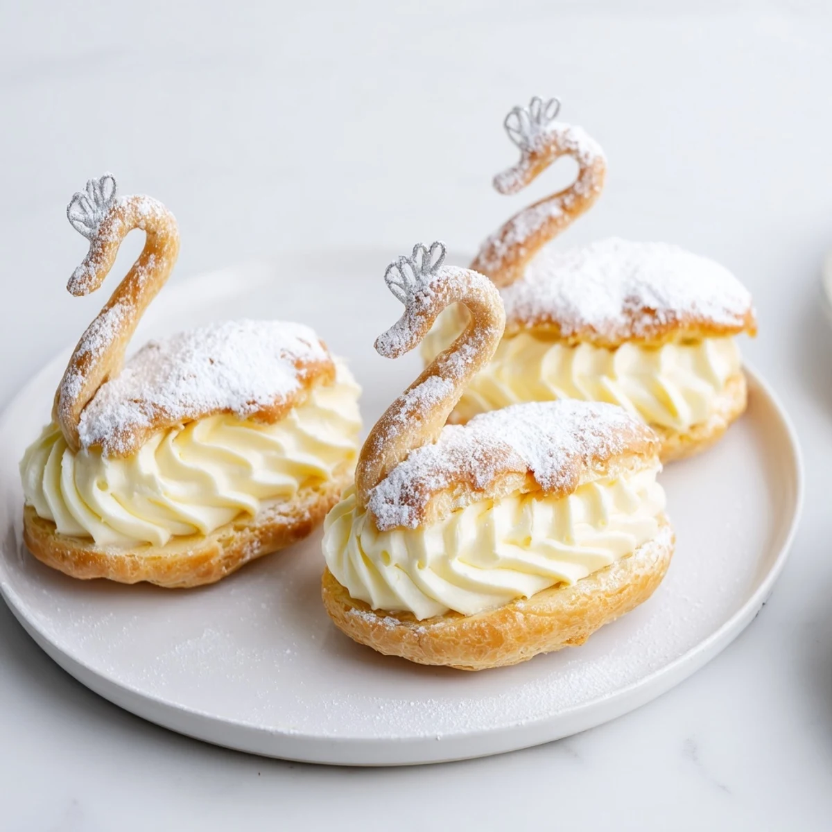 Golden-baked Feathered Friend Swan Pastry Platter displaying elegant cream puffs with vanilla filling, ready to serve.