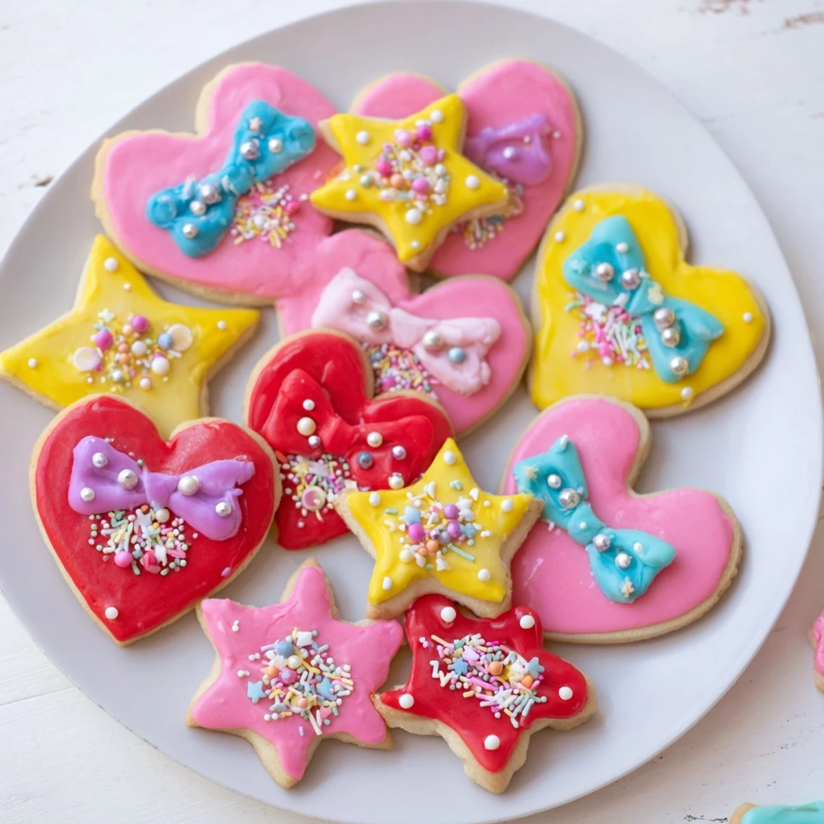 Delicate Pretty Bows Heart & Star Cookies, brightly decorated with pink and red icing, ready to be enjoyed.