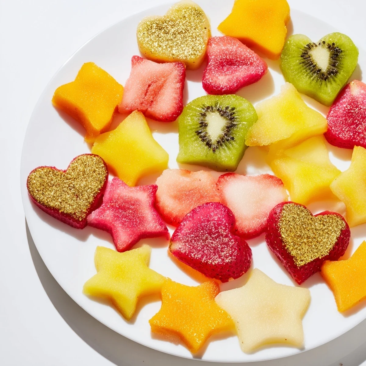 Vibrant Midnight Kiss Star & Heart cocktail garnishes sparkling with edible gold dust atop a refreshing beverage.