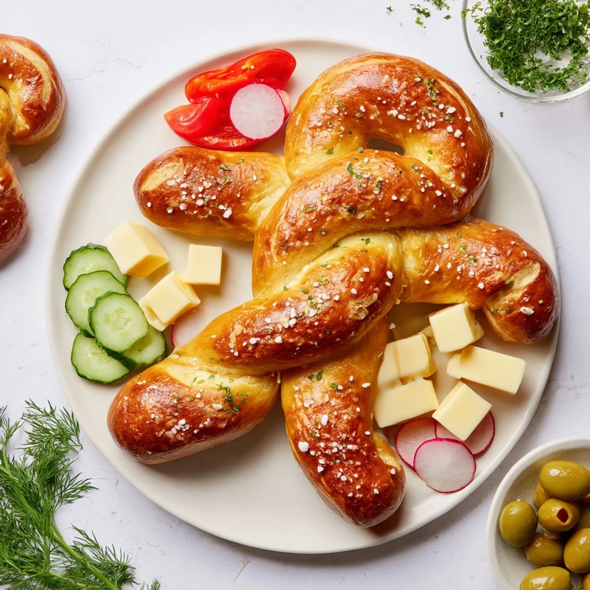 A visually appealing Bretzel Arbre de Vie savor platter with golden-brown pretzels and colorful garnishes.