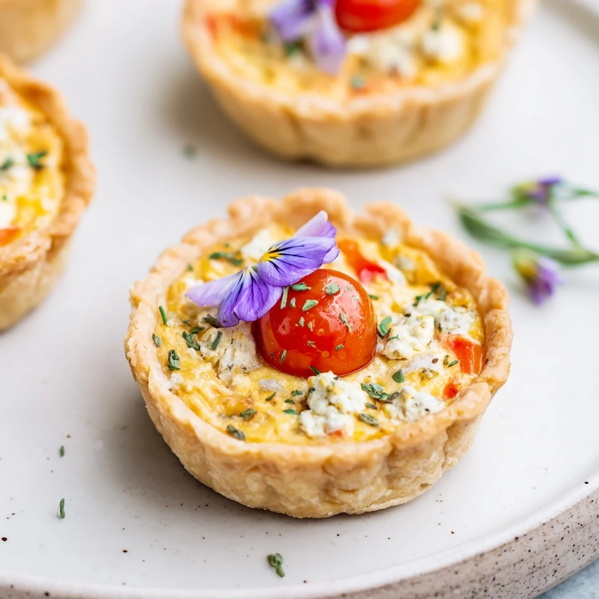 Savory Couronne Florale Mini Quiches, a delicate French appetizer, filled with creamy cheese and herbs.