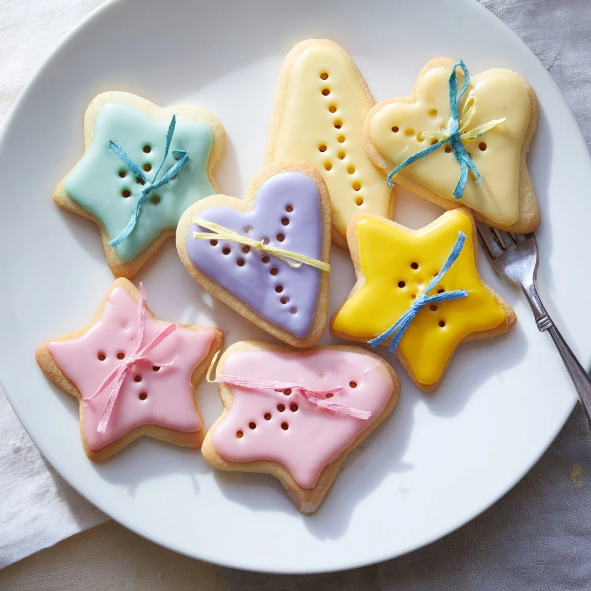 Delicate Mignonneries Coeurs et Étoiles Rubans cookies, heart and star shapes, iced then tied with ribbons.