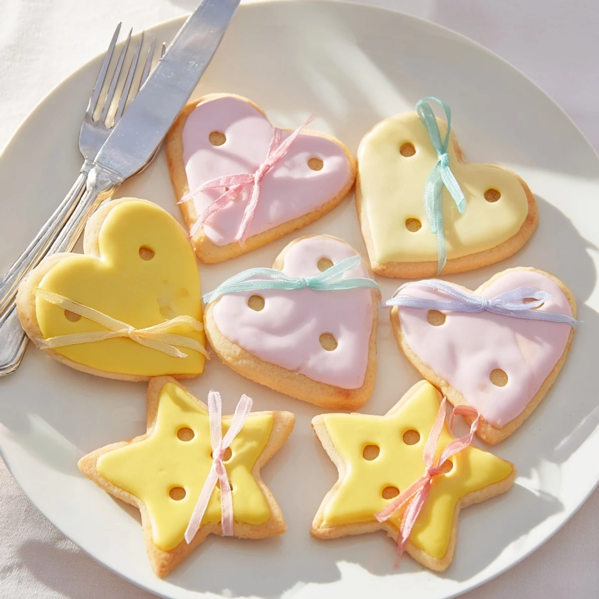 Freshly baked Mignonneries Coeurs et Étoiles Rubans, golden star and heart cookies, ready to be tied up.