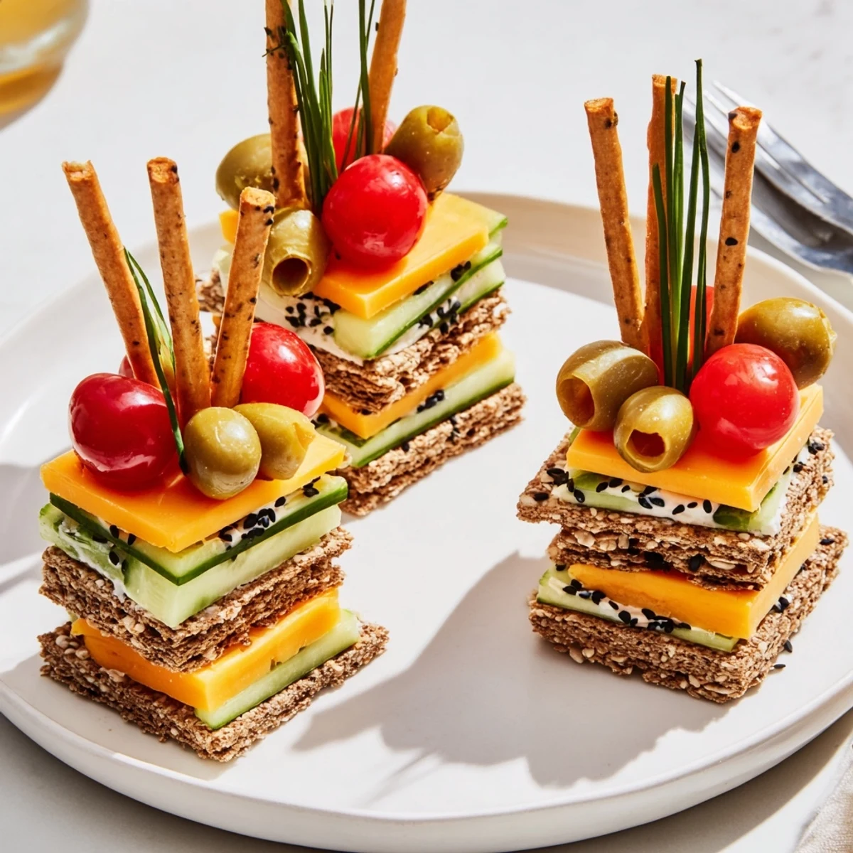 Urban Skyscraper Appetizers: Towering cheese and veggie stacks are drizzled with olive oil on a wooden board.