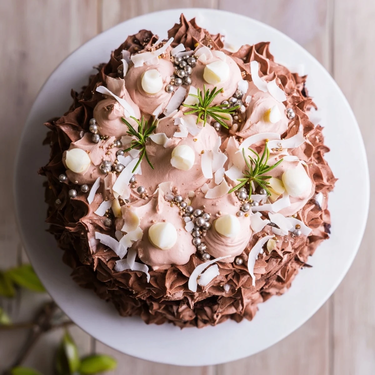 Delicate white chocolate mousse covers the pistachio-almond sponge of Table d'Hiver Sapin et Flocons.