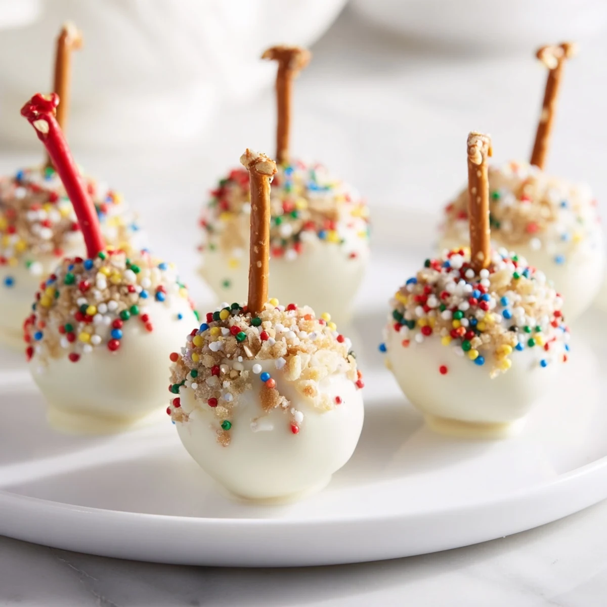 Irresistible close-up view: a tray of homemade ornament candy balls coated in shimmering sprinkles.