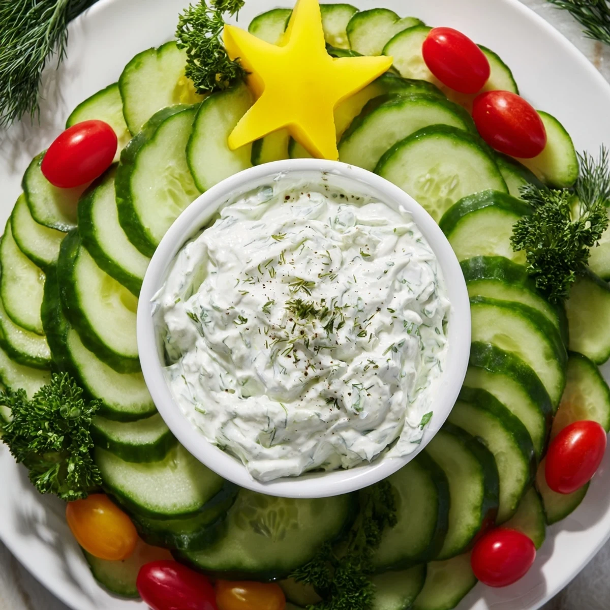 Cucumber and tomato tree dip, a vibrant platter with a creamy, herbed dip surrounded by colorful veggies.