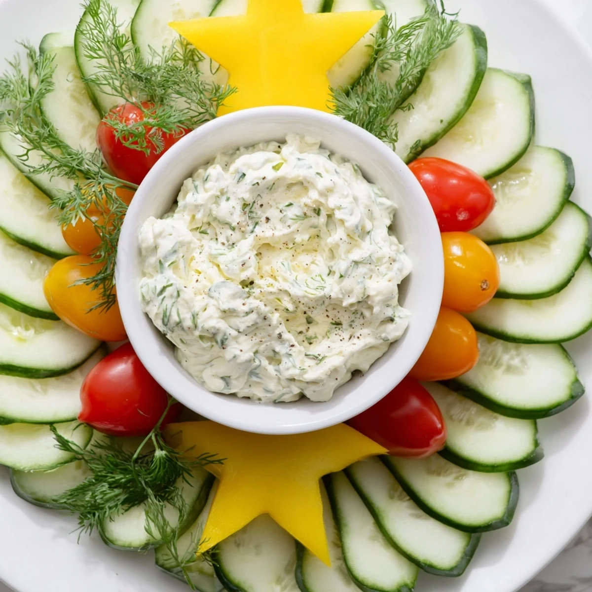 This delightful cucumber and tomato tree dip displays cheerful red tomatoes and crisp cucumber slices, ready to dip.