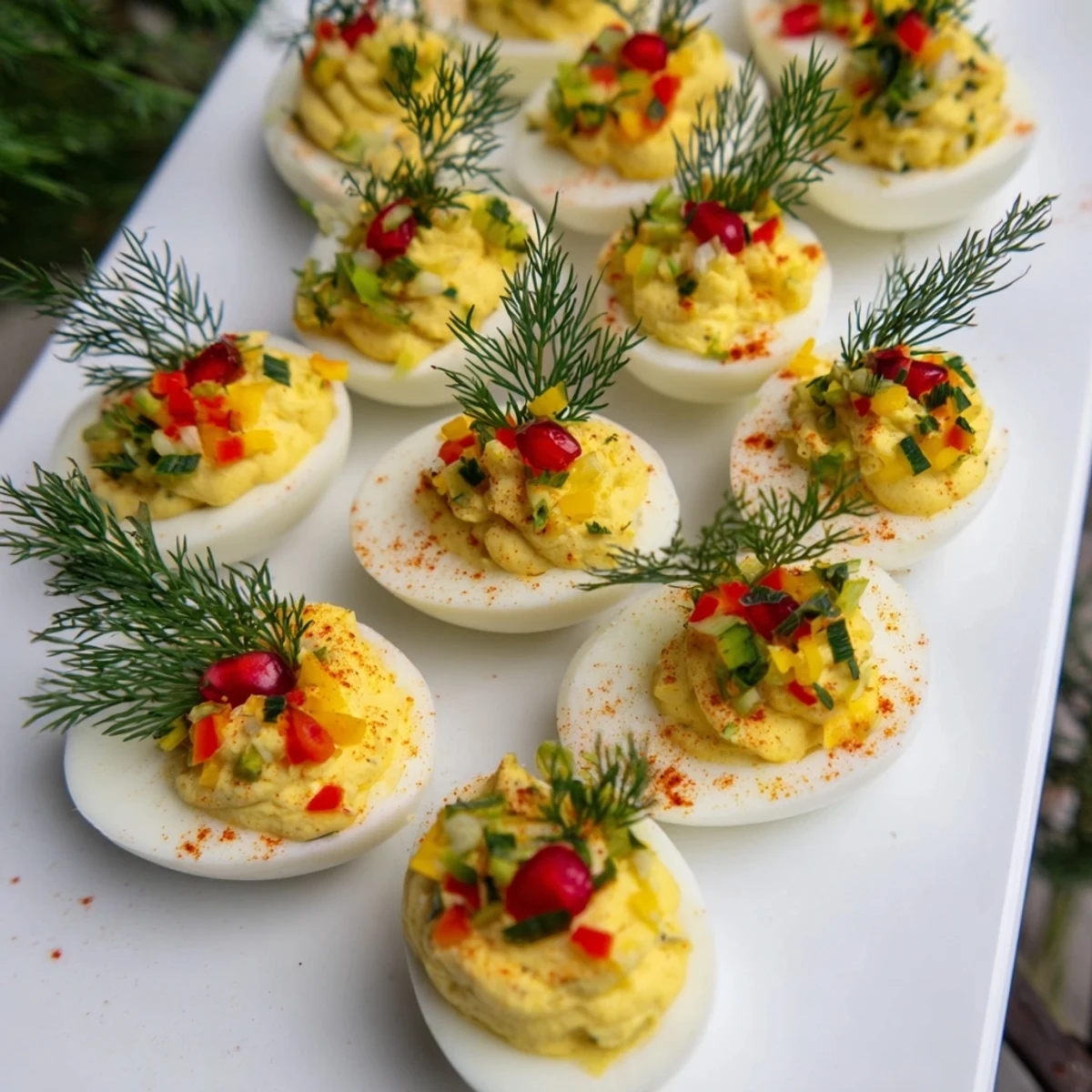 Showstopping platter of Christmas Tree Deviled Eggs, arranged in a vibrant tree design ready to serve.