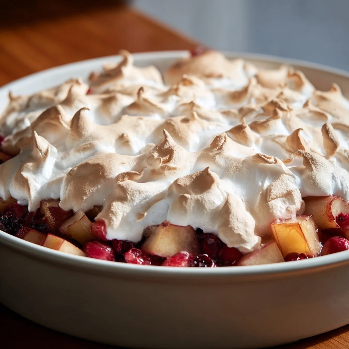 Golden-brown peaks of meringue top this Cranberry and Pear Snowscape, ready to serve for dessert.