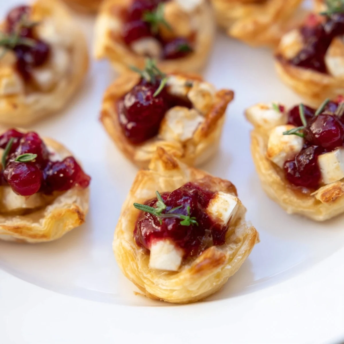 Flaky golden Mini Cranberry Brie Tart Wreath with melting cheese and vibrant cranberry topping.