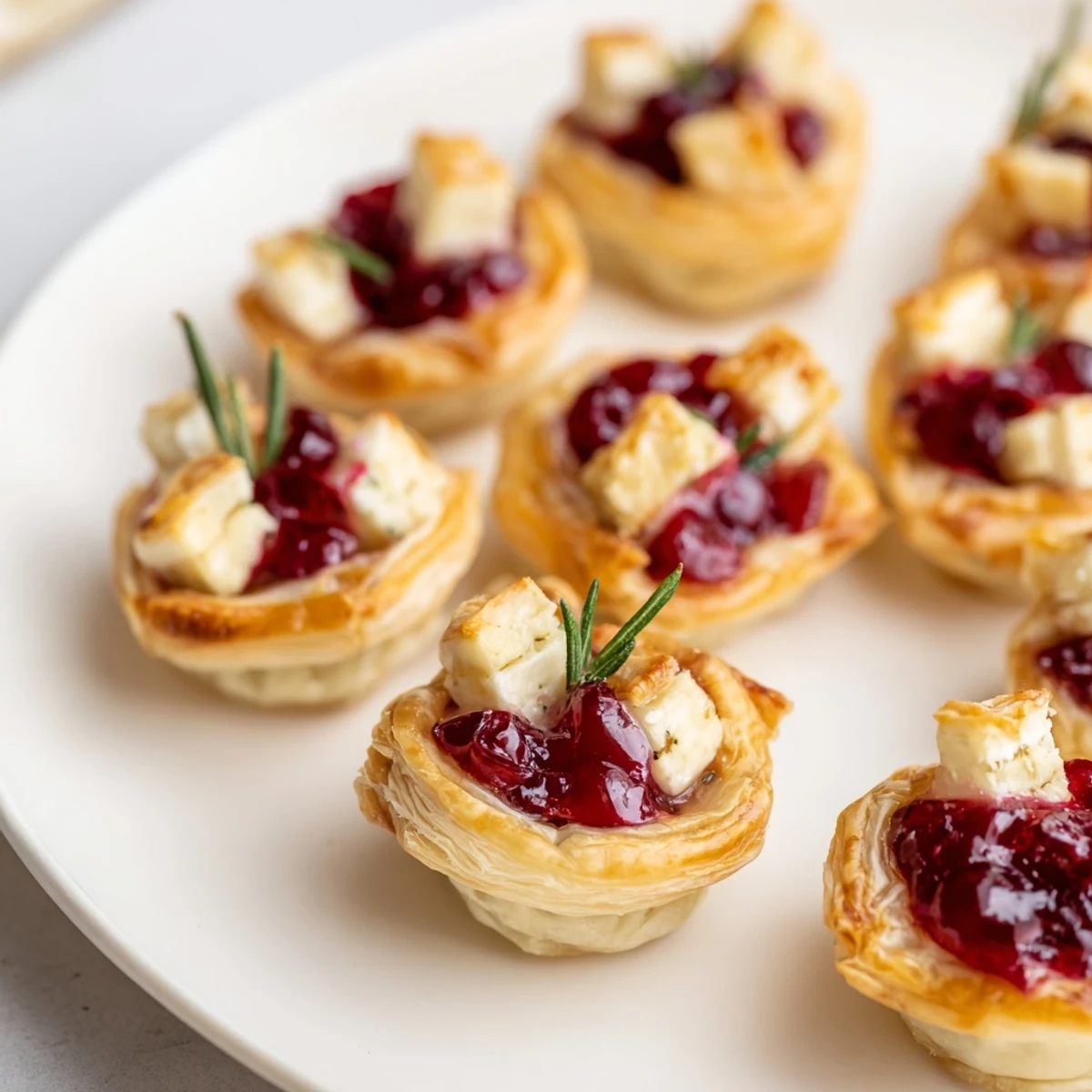 Buttery, baked puff pastry forms a lovely Mini Cranberry Brie Tart Wreath with a stunning garnish.