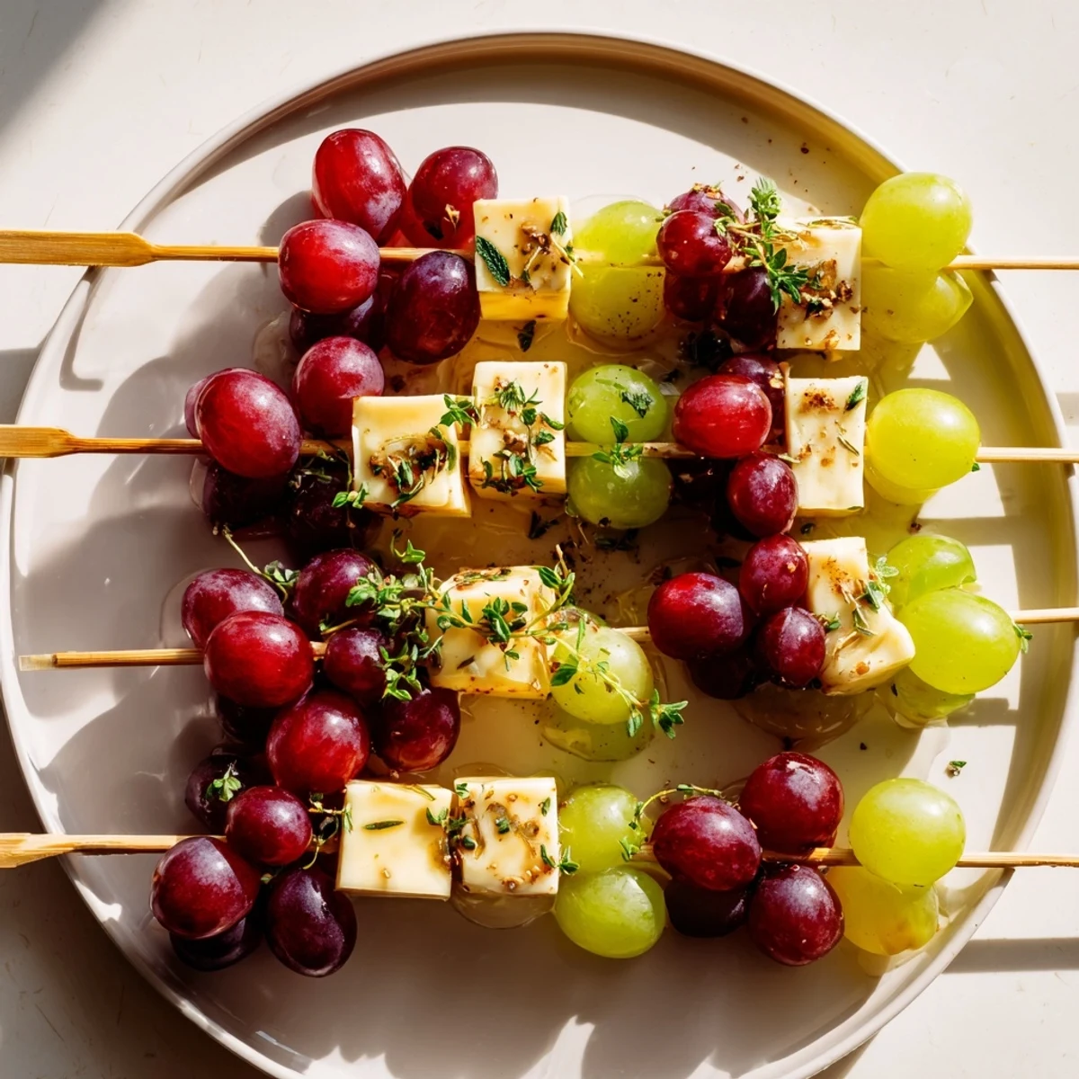 Festive Sparkling Grape and Cheese Skewers with vibrant red grapes and golden cheese cubes, ready to enjoy.
