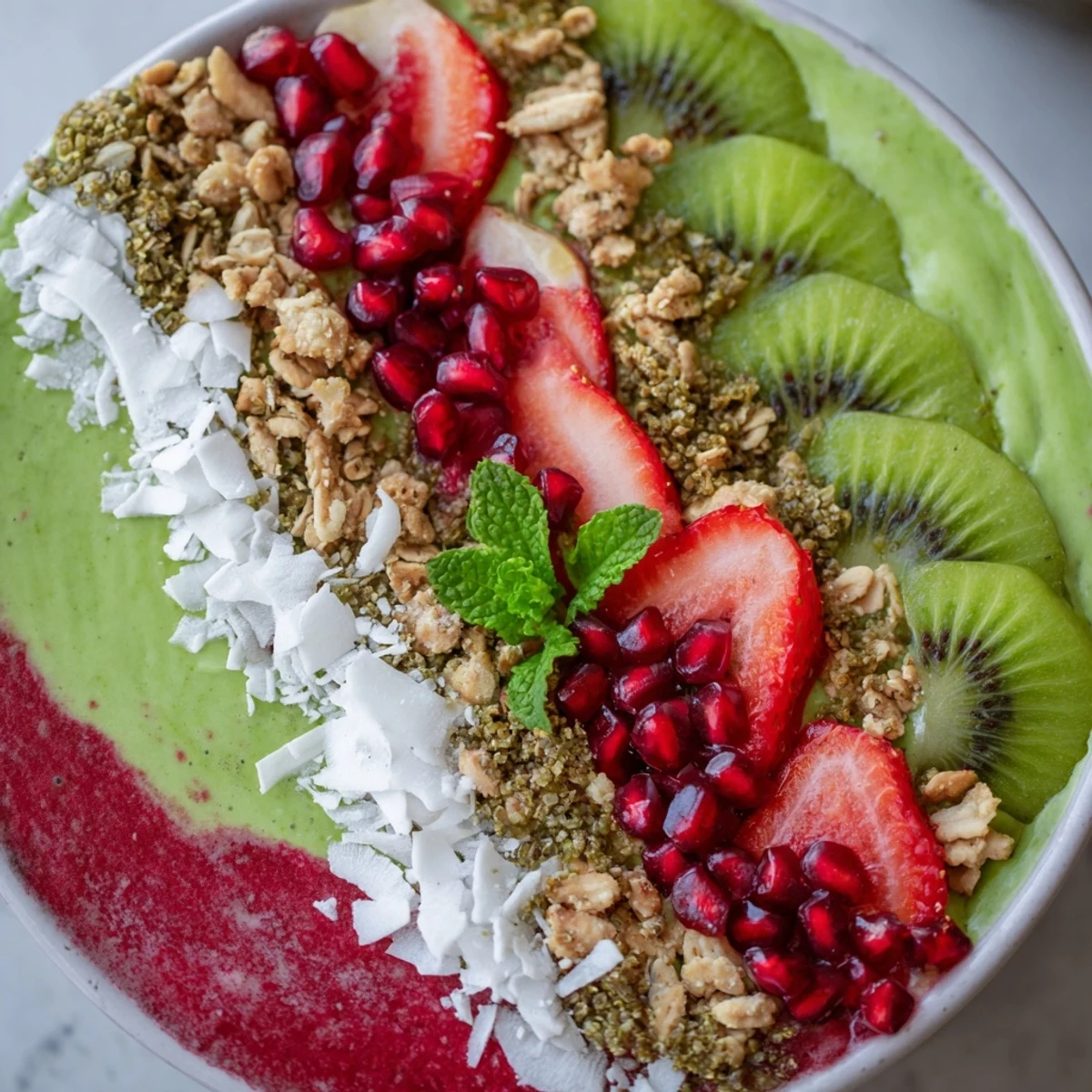 Vibrant Festive Red and Green Smoothie Bowls, layered beautifully with fresh fruit and crunchy granola.