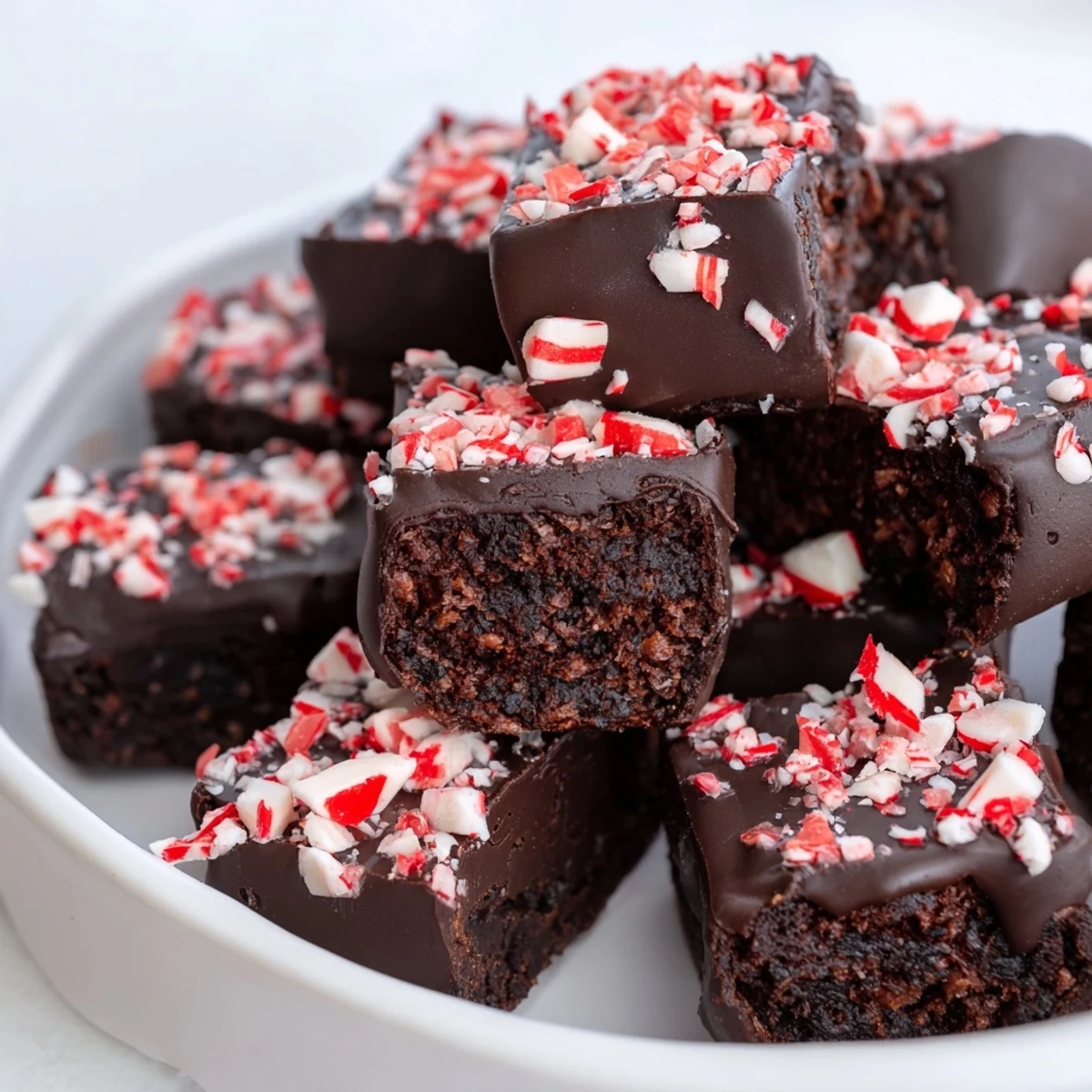 Delicious Peppermint Mocha Brownie Bites, rich chocolatey treats with a peppermint glaze and crunchy candy.