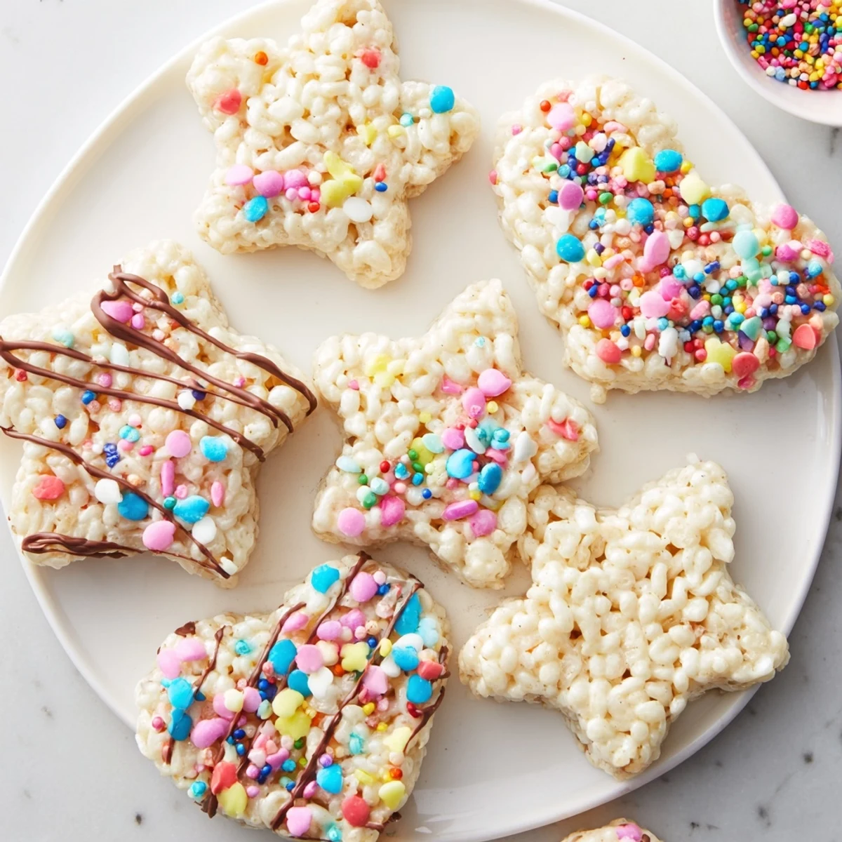 Warm, gooey cookie cutter shaped Rice Krispies treats, ready to be decorated with colorful sprinkles.