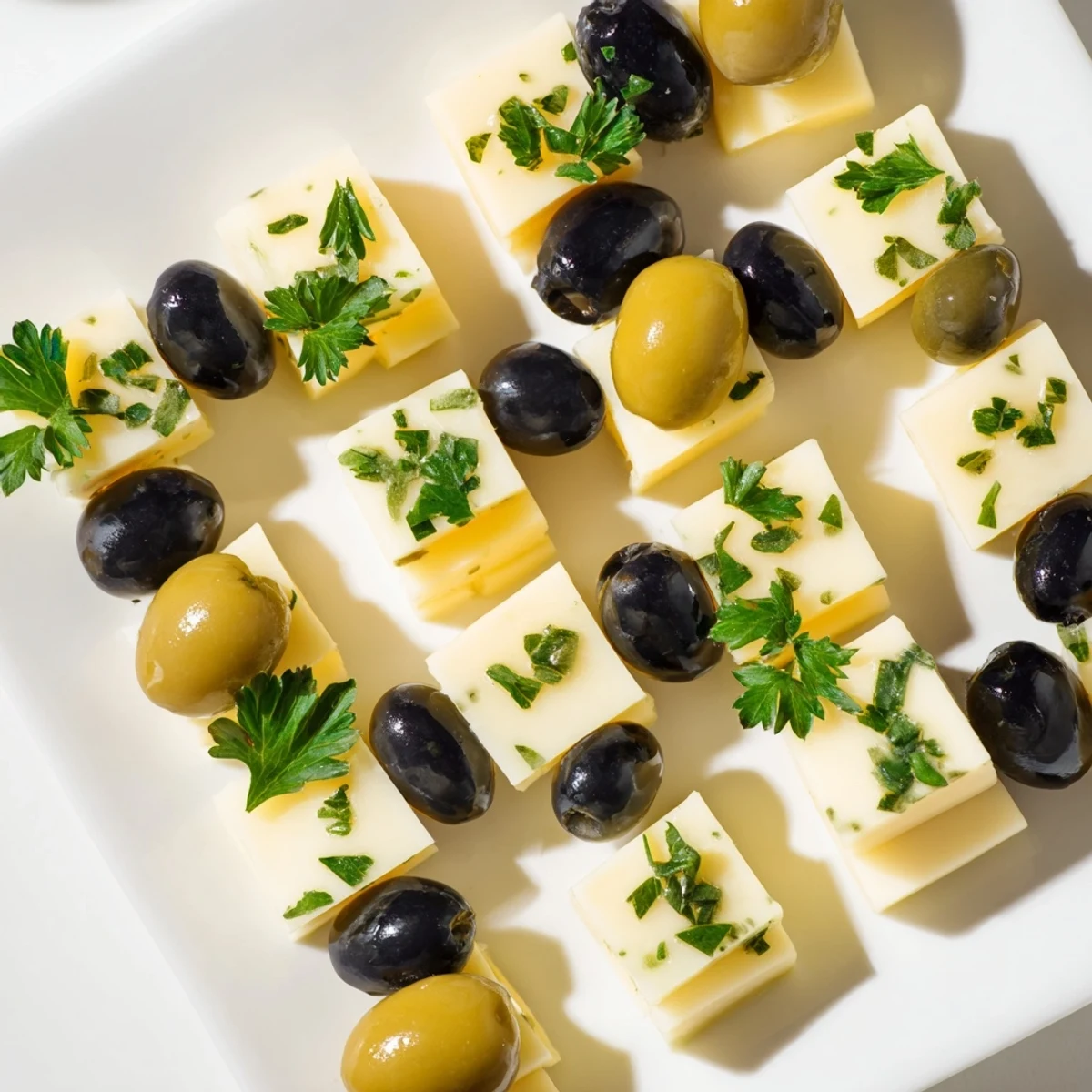 A close-up view of the cheese and olive chess board appetizer, colorful and appetizing looking.