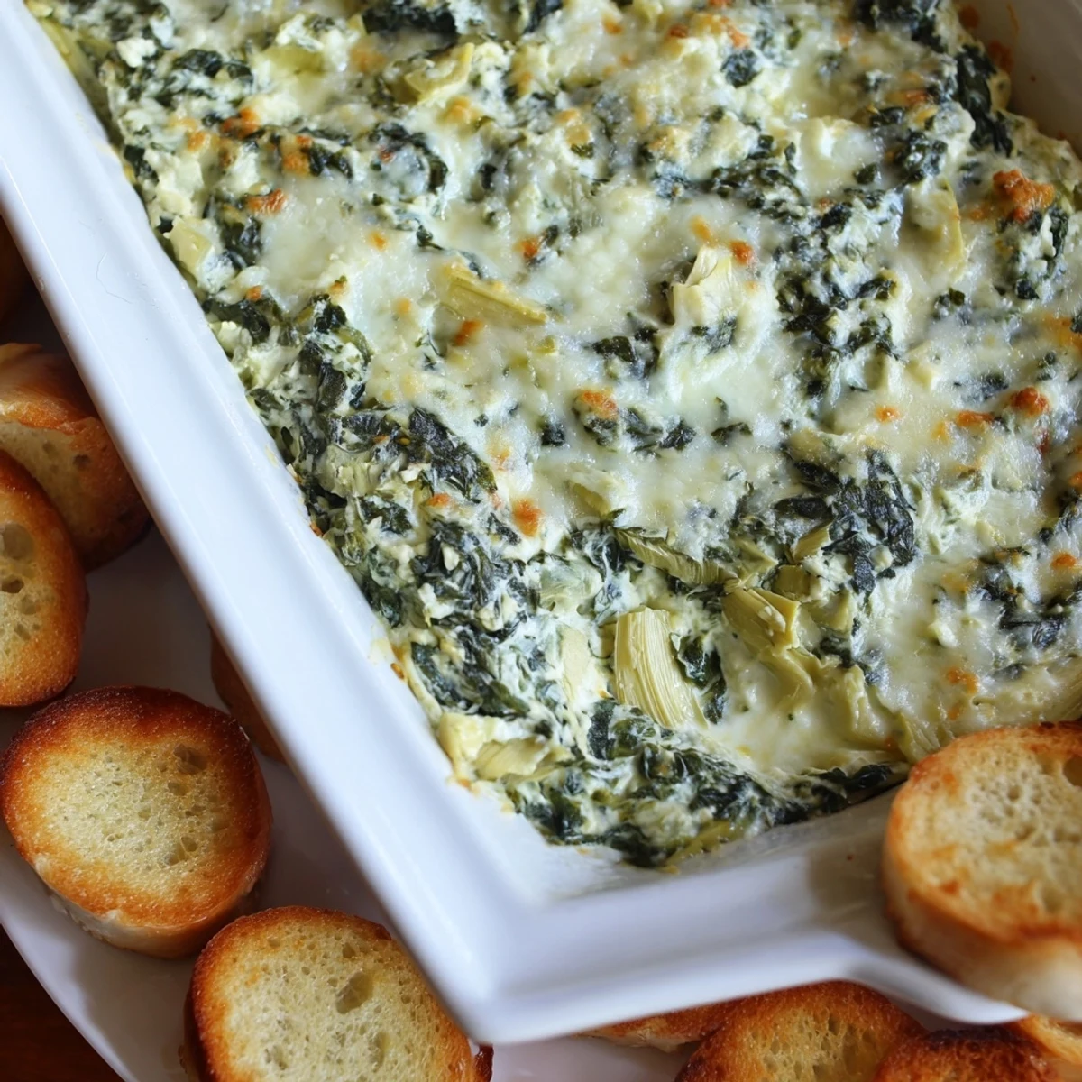 Warm Spinach Artichoke Dip with Baguette, bubbling and golden, an ideal appetizer.