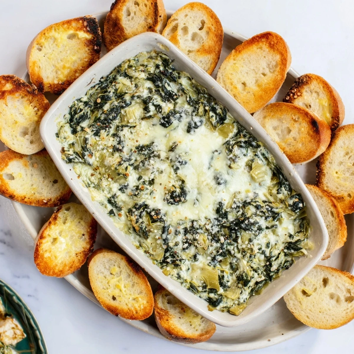 Creamy Spinach Artichoke Dip served with crisp, golden-brown baguette slices for dipping.