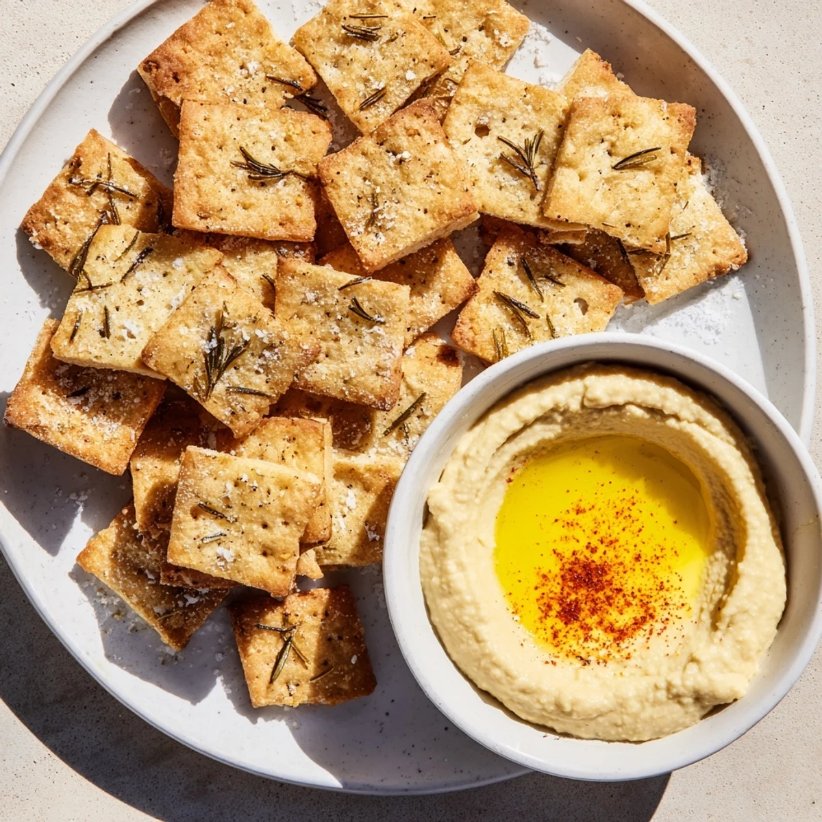 Close-up shot shows freshly baked rosemary crackers served next to vibrant, delicious hummus.