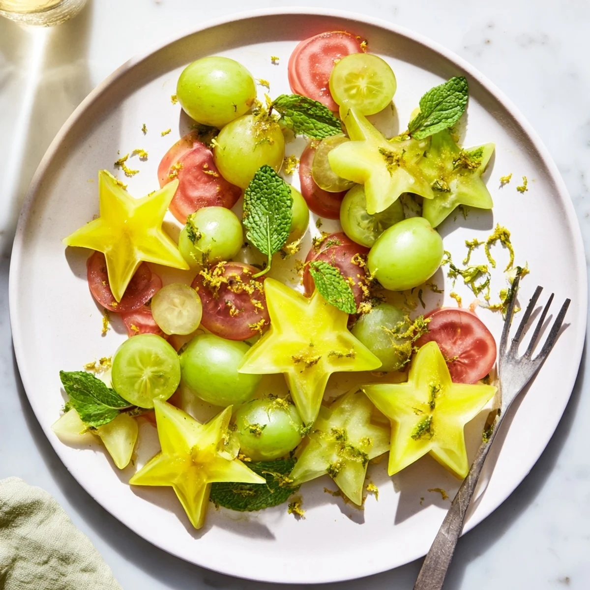 Vibrant Brunch Fruit arrangement featuring starfruit slices and juicy grapes, ideal as a garnish.