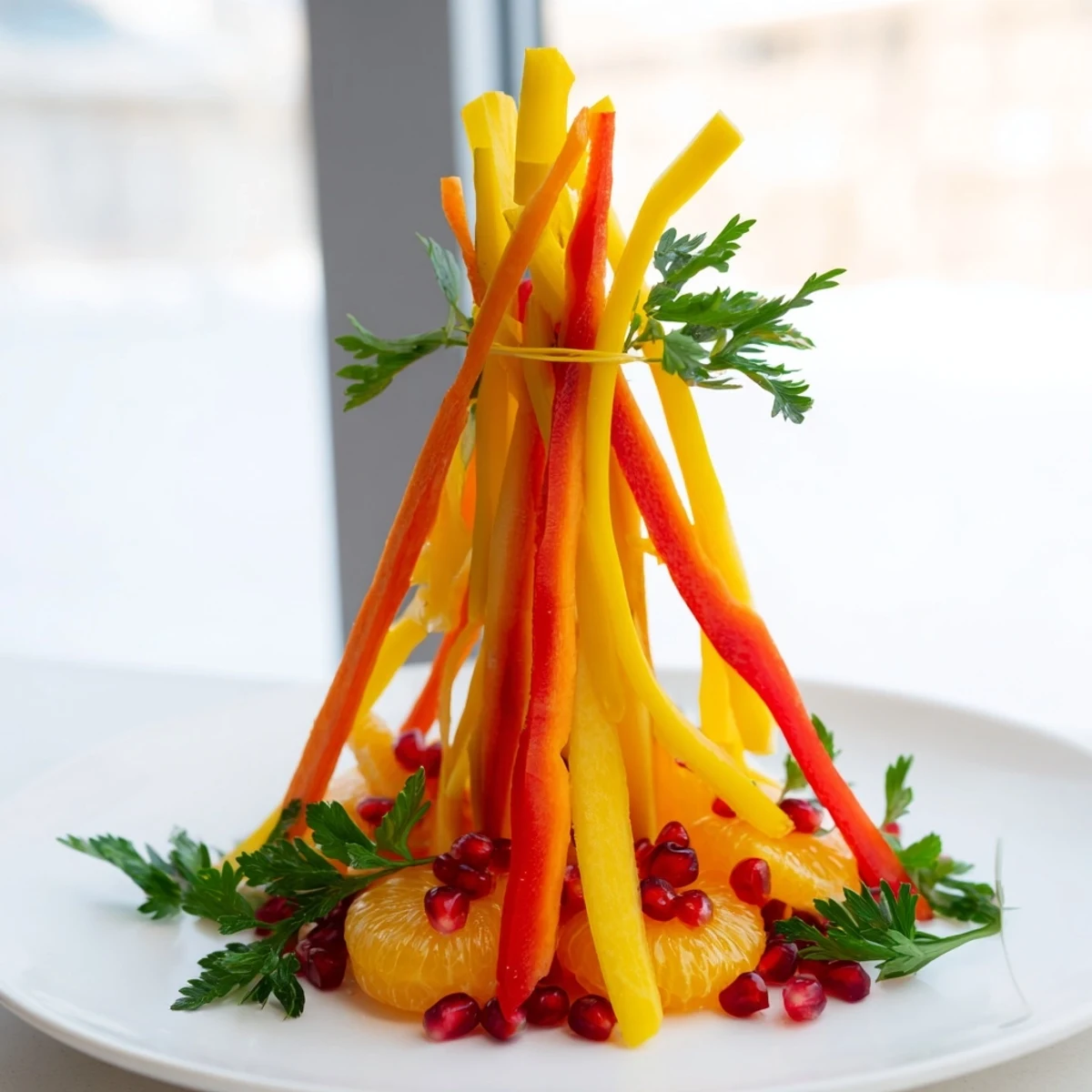 Appetizing Bonfire Warmth Centerpiece, arranged with carrot flames, mandarin 'embers', and serving suggestions of dip.