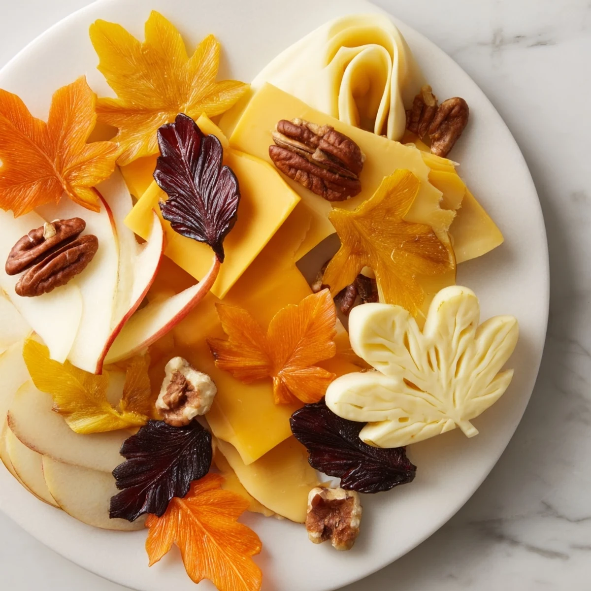 Thanksgiving Leaf Fall snack board with vibrant fall colors, overflowing with cheese and fruits.
