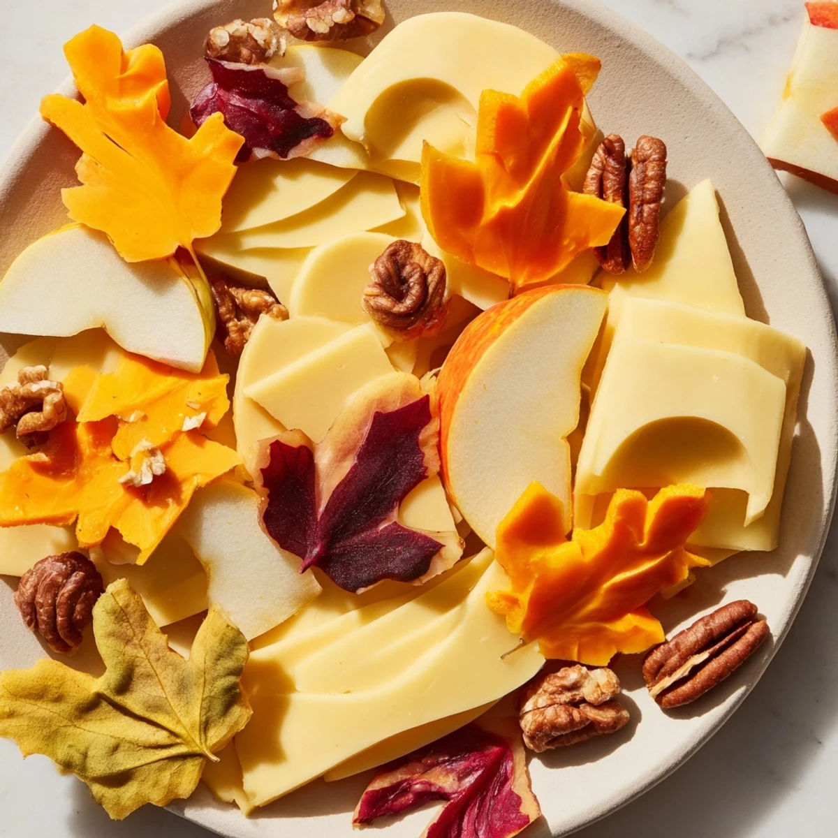 A beautiful display of Thanksgiving Leaf Fall, cheese and crackers arranged like falling autumn leaves.