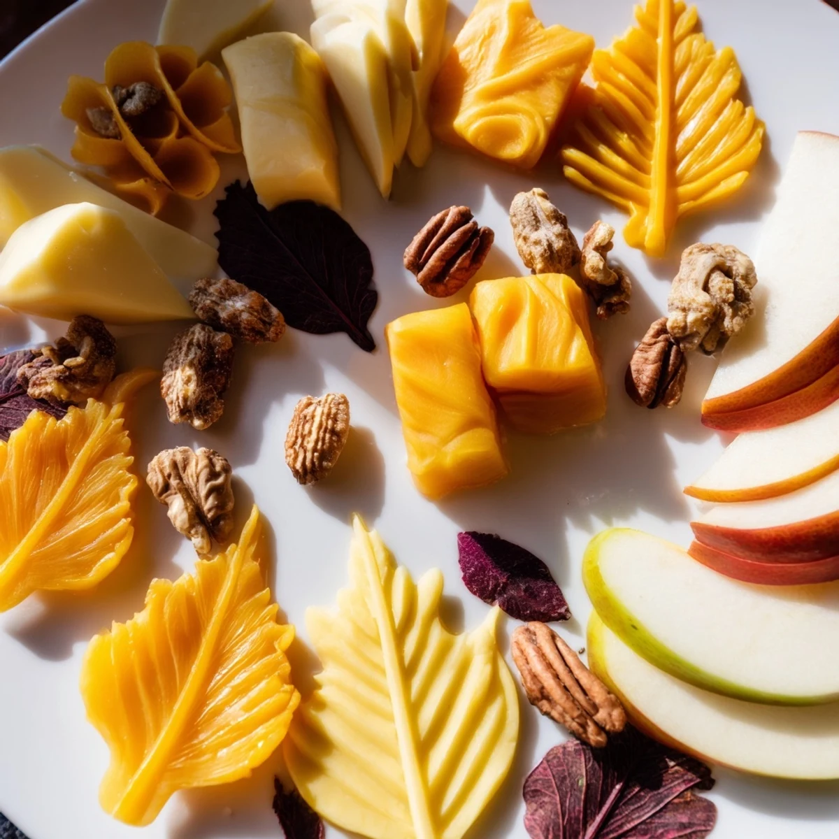 Vivid image of a Thanksgiving Leaf Fall appetizer board with leaf-shaped cheeses and fruits.