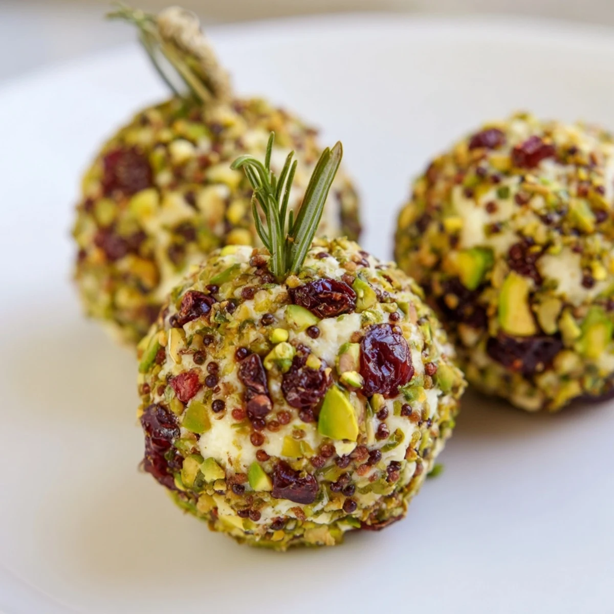 A close-up of delicious Holiday Ornament Clusters: cheese ball appetizers with rosemary sprigs for the perfect holiday snack.
