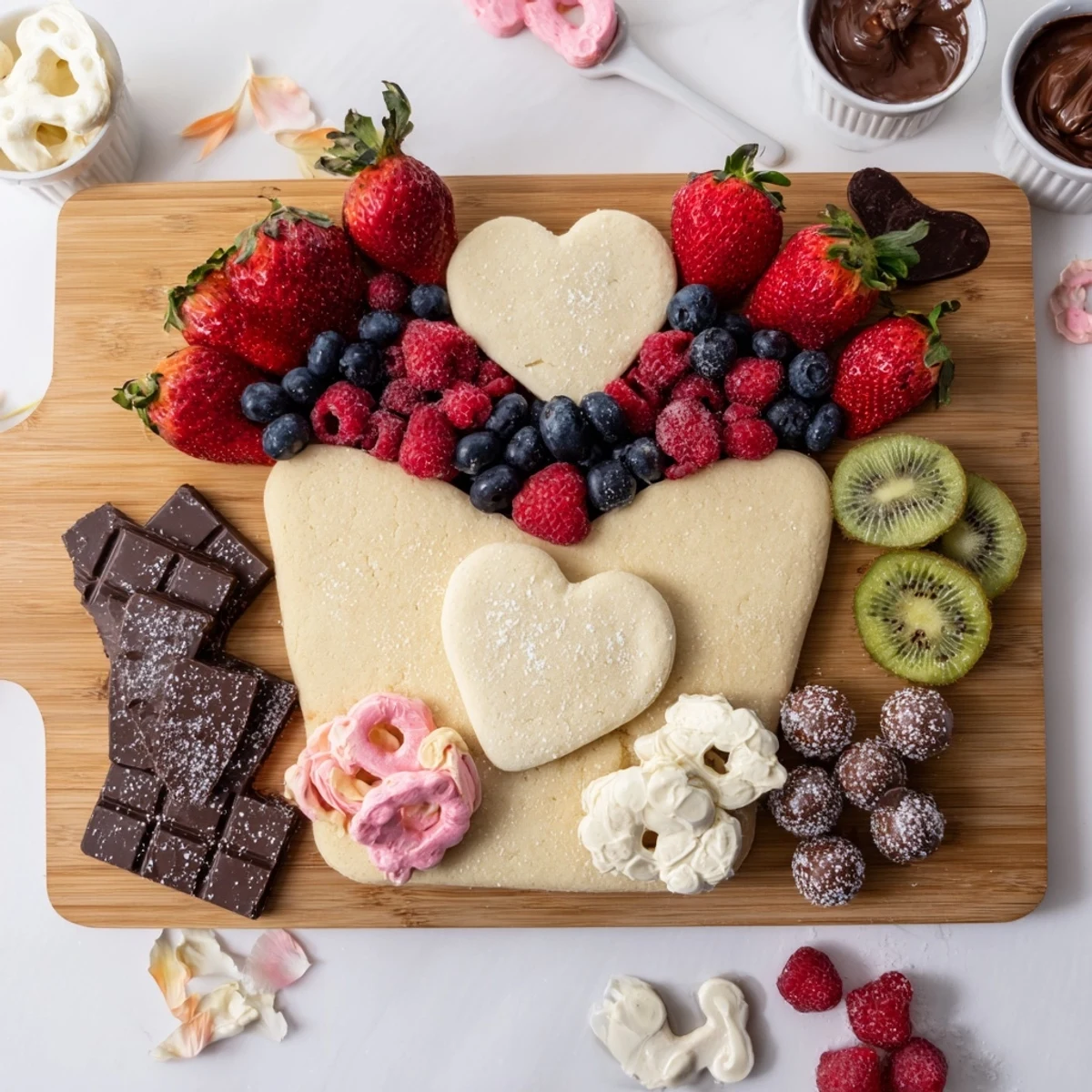 A beautifully arranged Love Letter Dessert Board overflowing with fresh fruits, cookies, and chocolates, ready to eat.