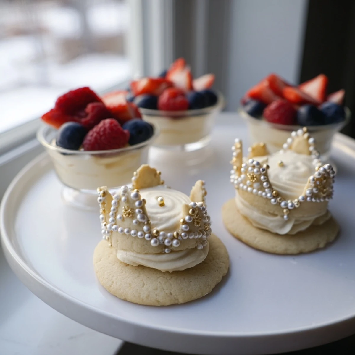 Golden sugar crown cookies and elegant white chocolate mousse create this fairytale Princess Crown Dessert Tray.