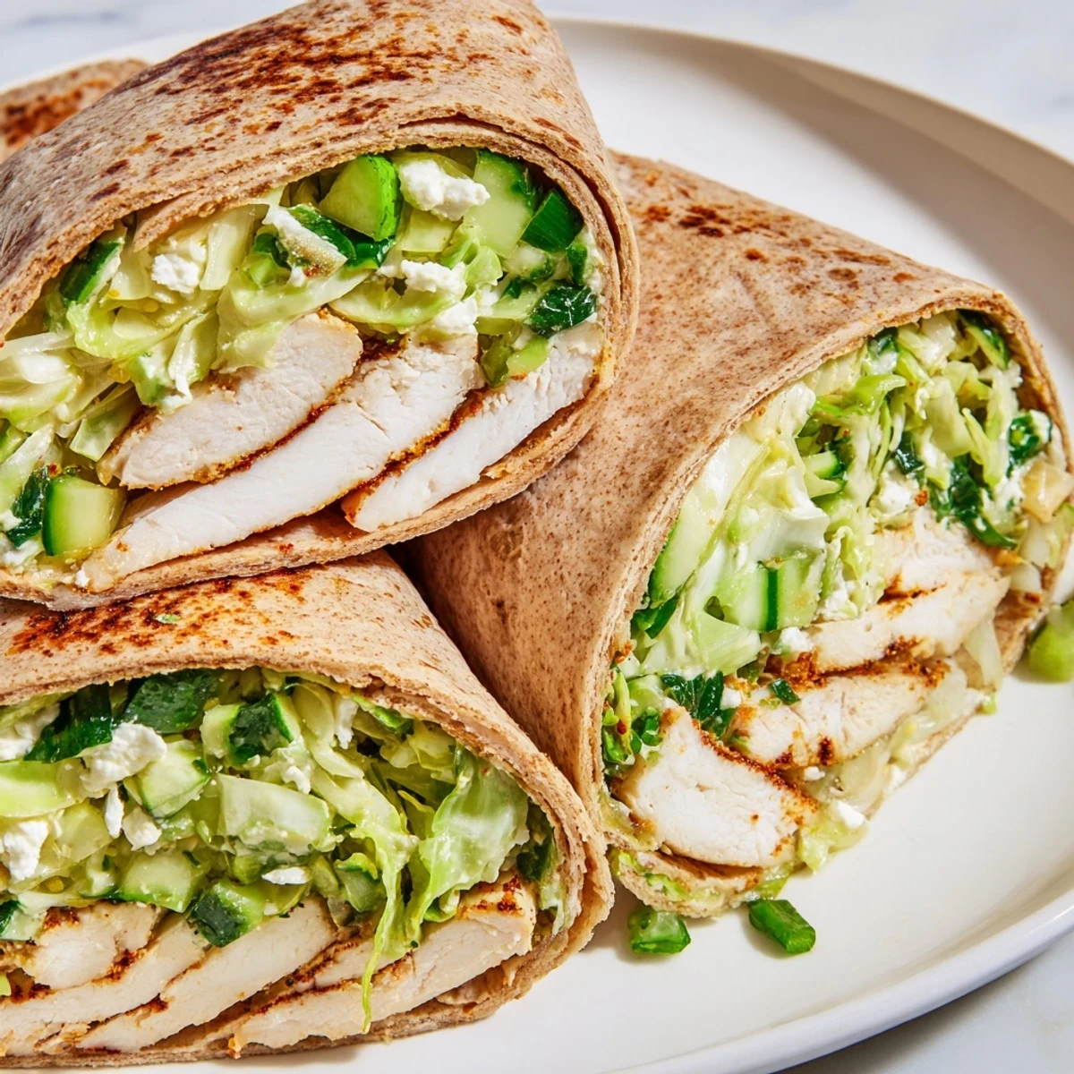 A close-up of Green Goddess Chicken Wraps, filled with colorful cabbage salad and grilled chicken.