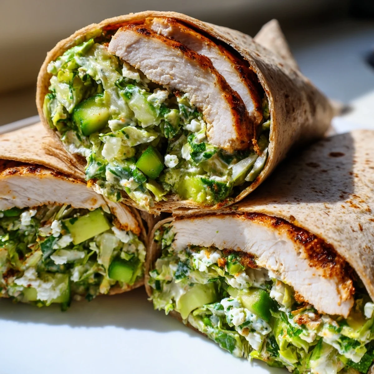 Freshly assembled Green Goddess Chicken Wraps, ready to eat, with a generous helping of vibrant salad inside.