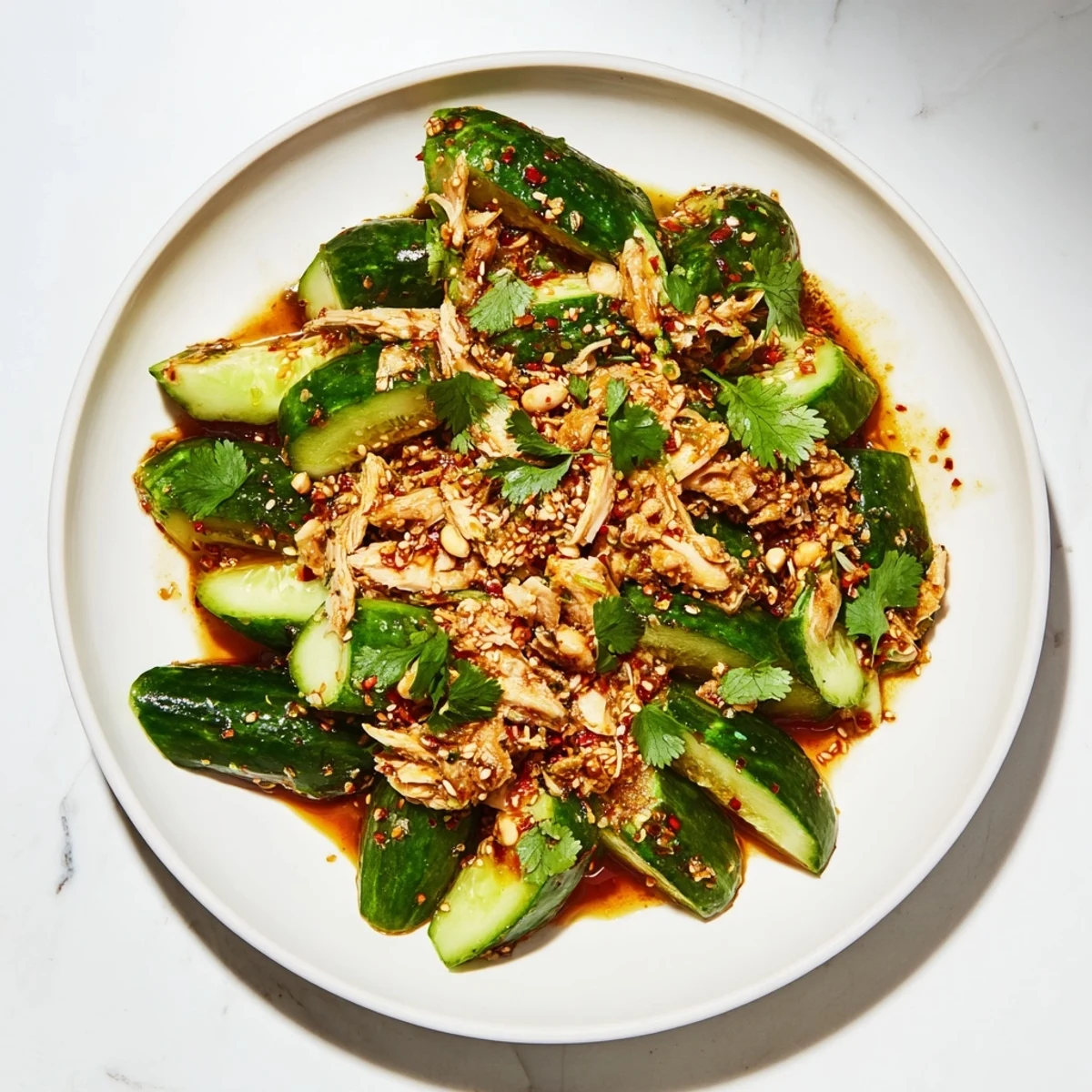Fresh, smashed Whole Cucumber Logan Salad with shredded chicken, a vibrant and flavorful main course.