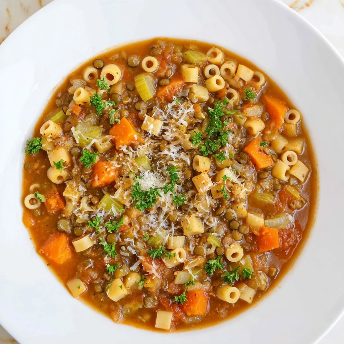 Steaming bowl of flavorful Ditalini and Lentil Soup, garnished with fresh parsley and Parmesan.