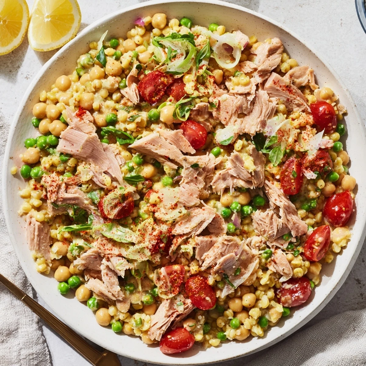 Flaky tuna over chickpeas, glistening in olive oil, ready for this flavorful Dense Chickpea and Tuna Salad.