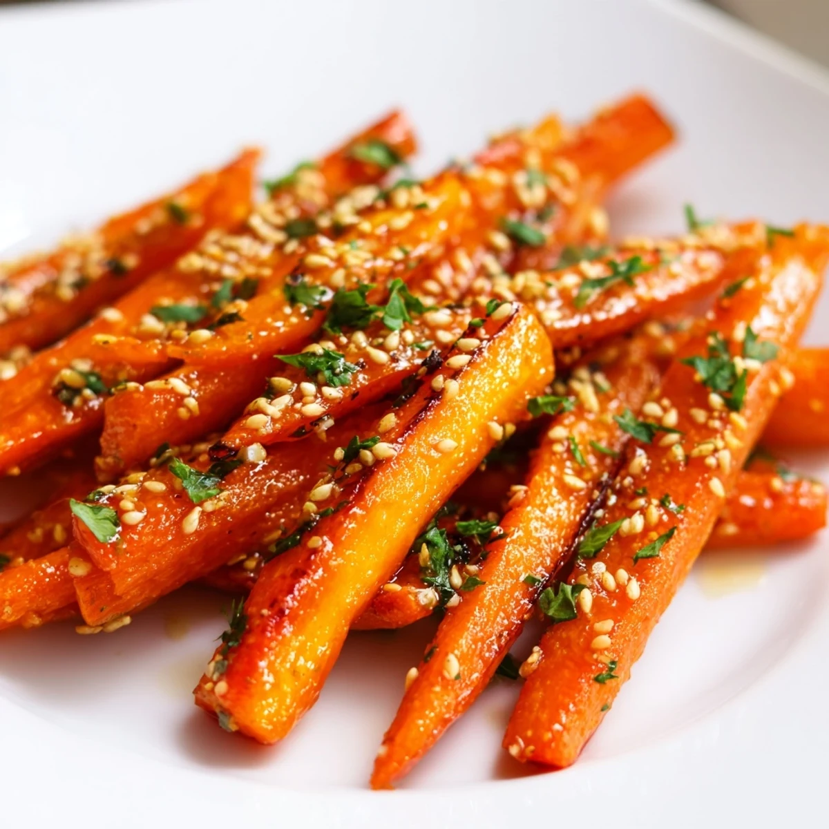 Maple mustard roasted carrots, glistening with glaze, are a vibrant and flavorful side dish.