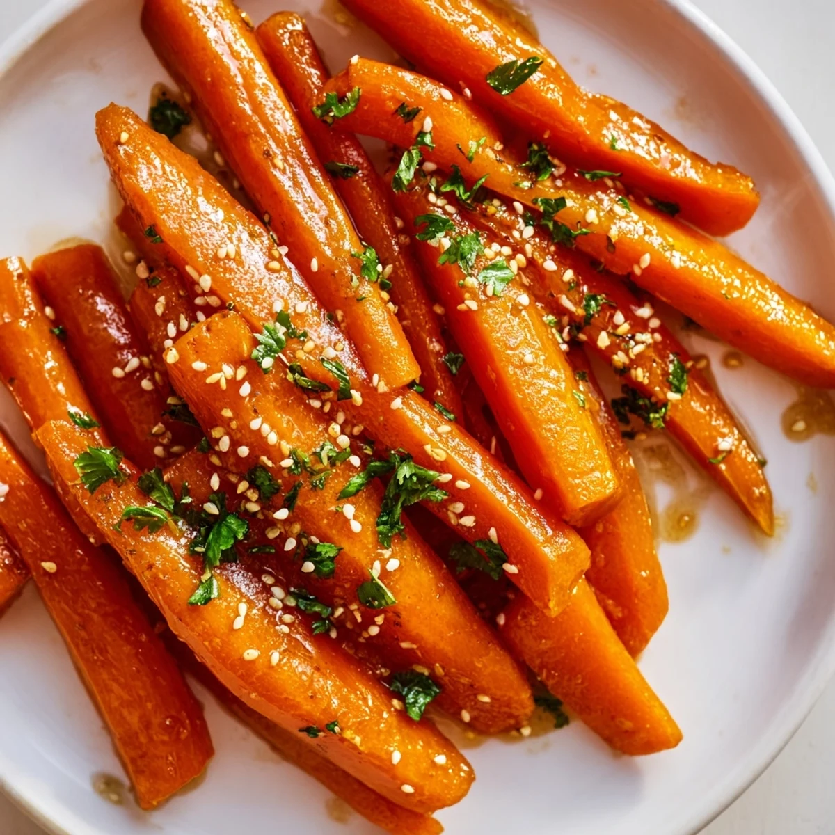 Close-up of tender maple mustard roasted carrots, showing caramelized edges and parsley garnish.