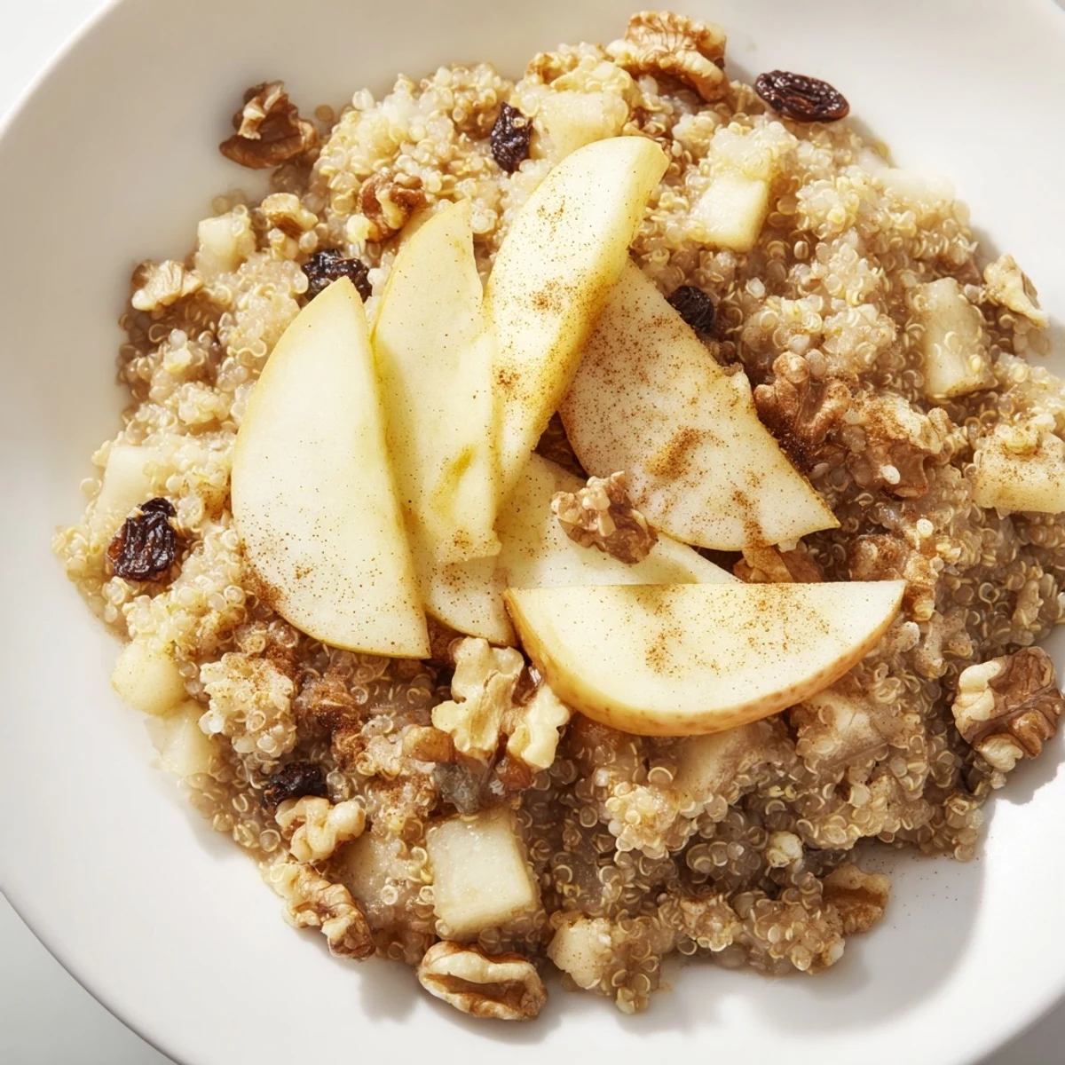 Steaming Apple Cinnamon Quinoa Bowl, a cozy breakfast with warm apples and cinnamon spice aroma.