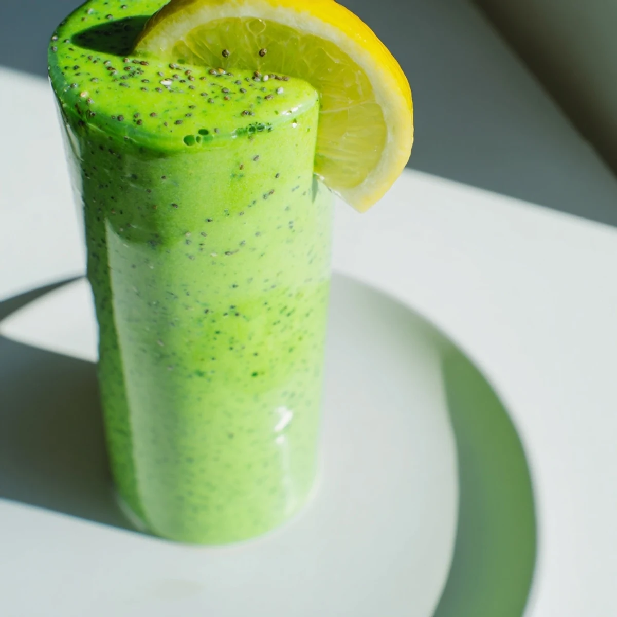 Vibrant green spinach avocado smoothie, thick and creamy, perfect for a quick breakfast.