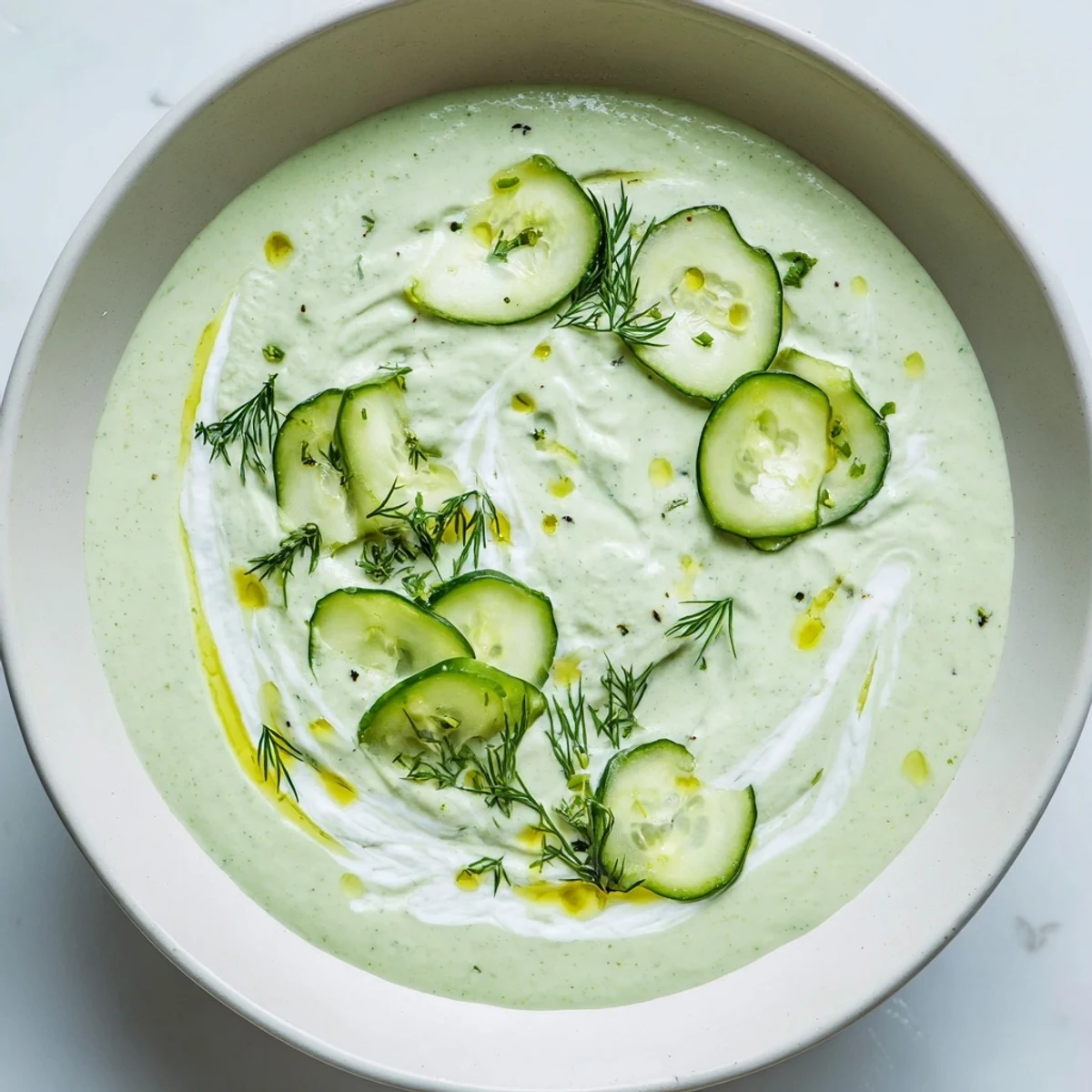 Cool, creamy Chilled Cucumber Garlic Soup garnished with fresh dill and thinly sliced cucumbers.