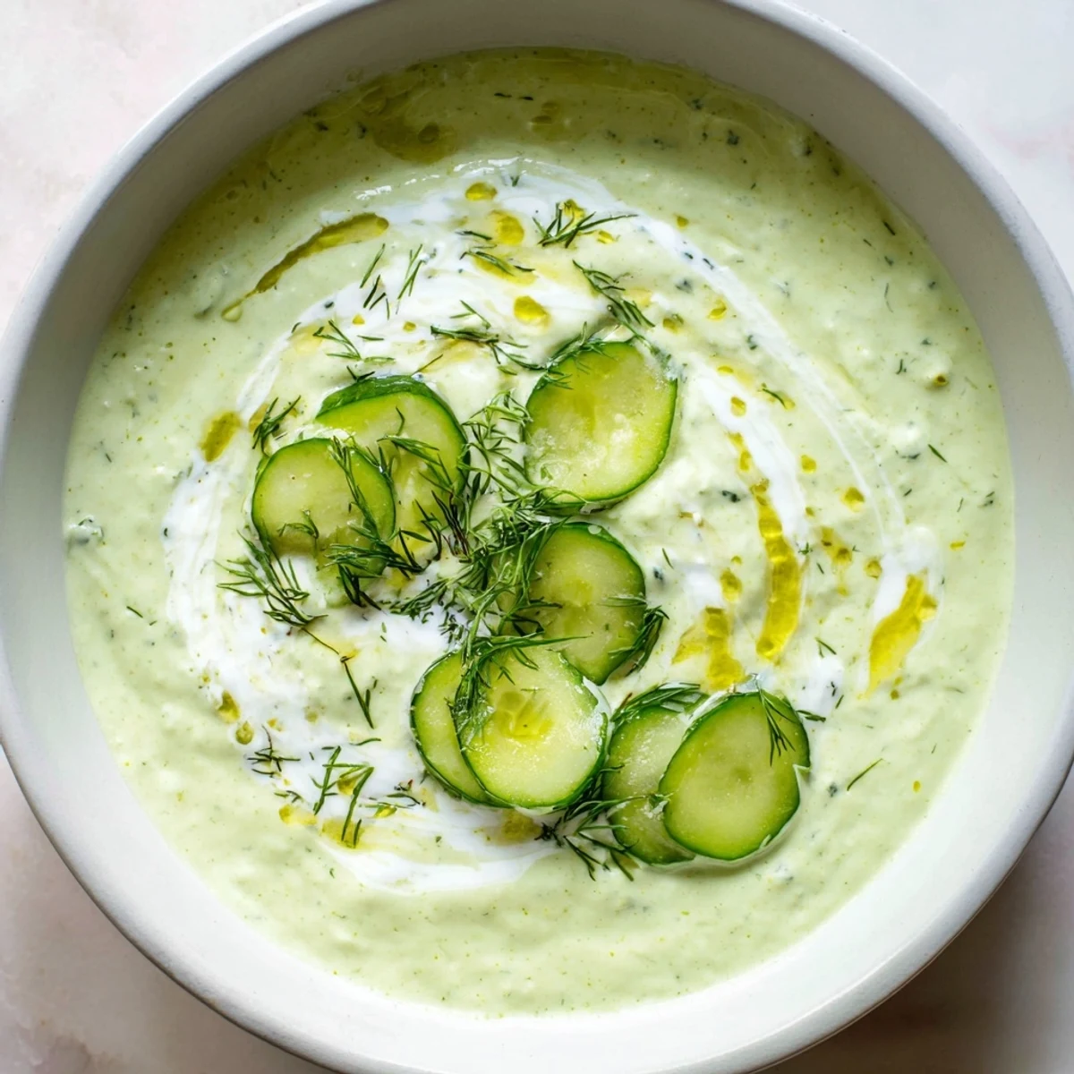 Enjoy a spoonful of chilled, vibrant green Chilled Cucumber Garlic Soup on a warm summer day.
