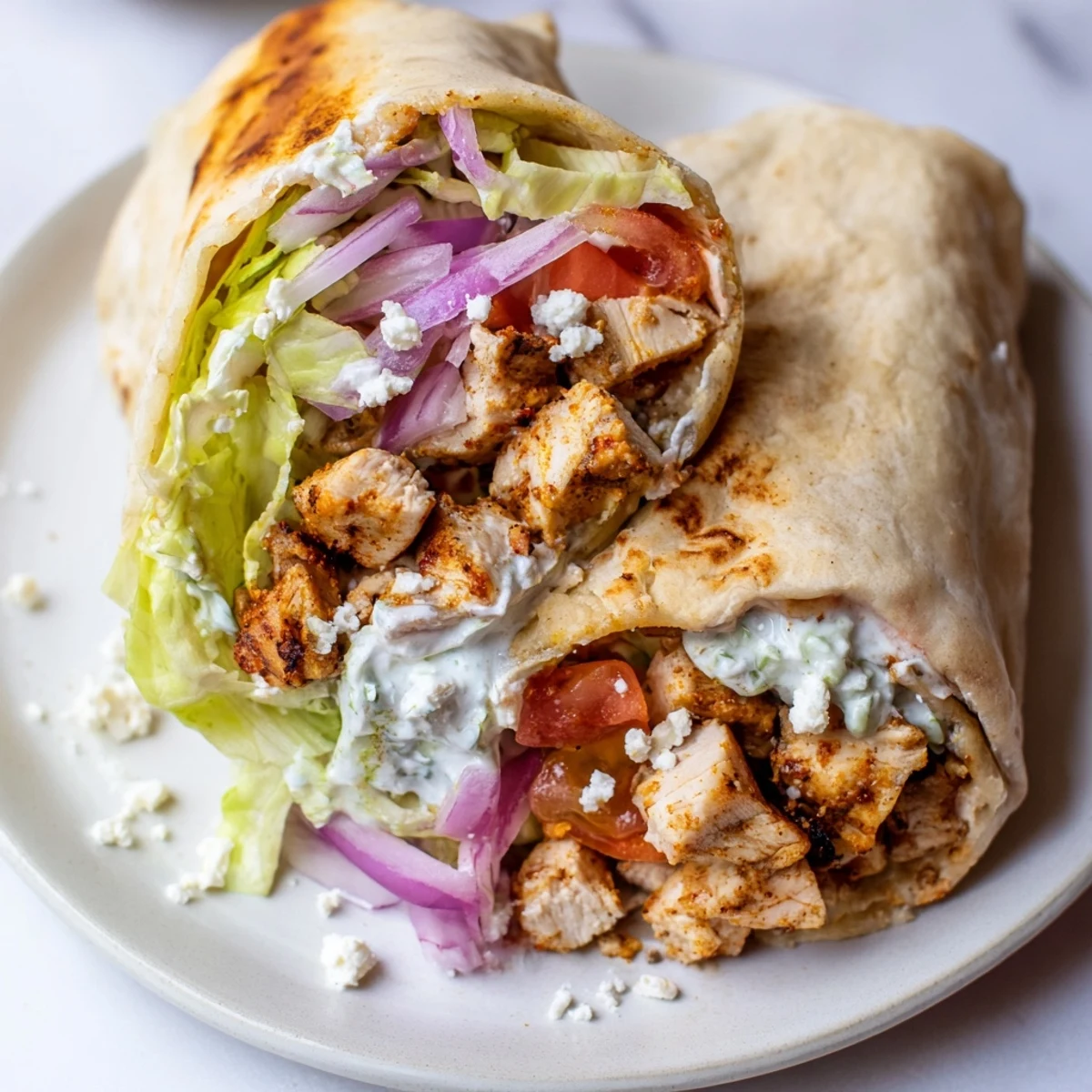 A close-up of juicy Greek chicken souvlaki wraps filled with colorful fresh vegetables, and creamy tzatziki.