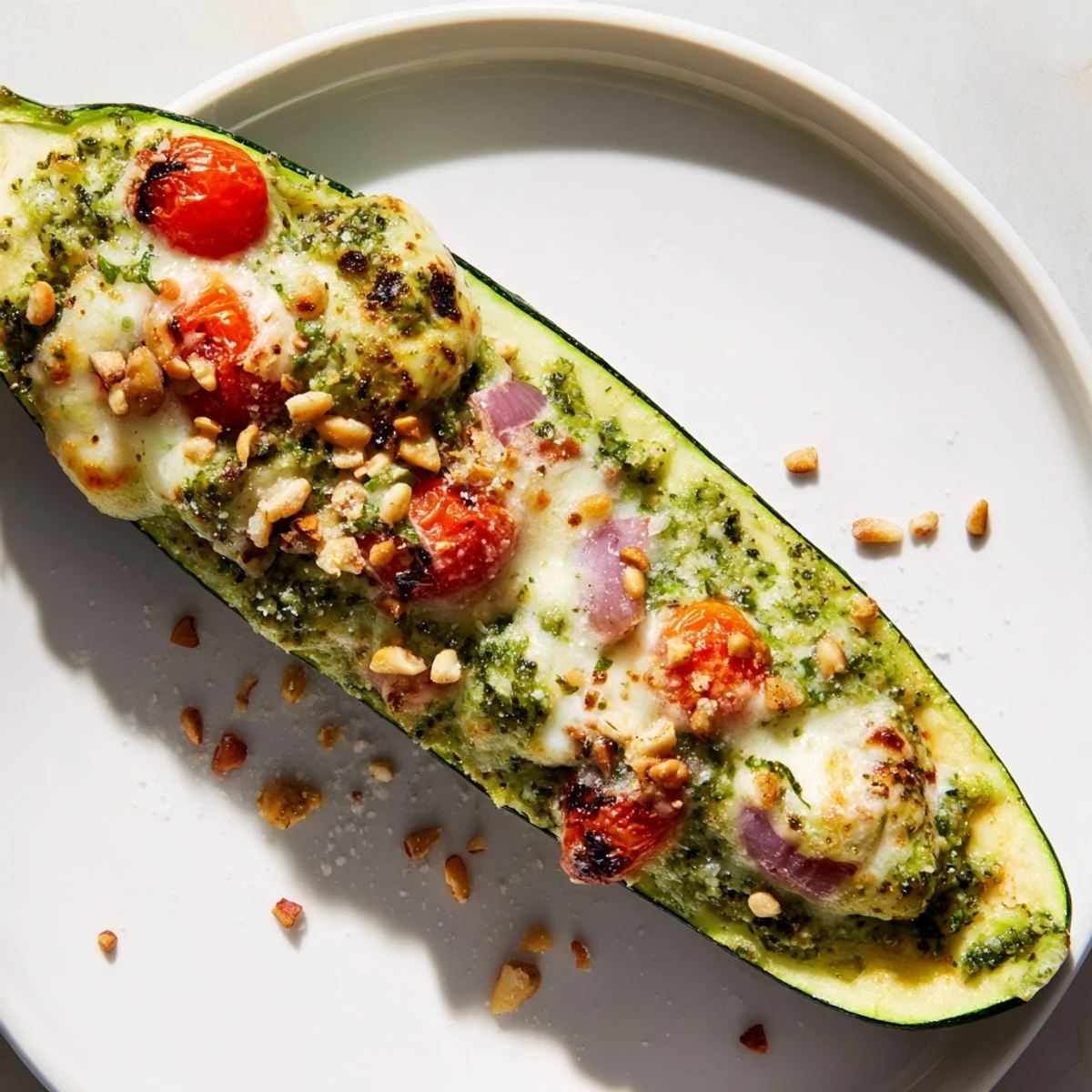 Golden, bubbly Cheesy Pesto Zucchini Boats, a vegetarian delight oozing with melted mozzarella cheese.