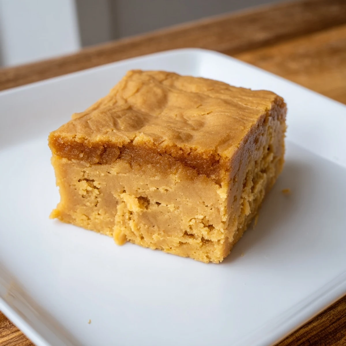 Square slices of peanut butter mochi cake, highlighting its rich peanut butter flavor and tender texture.