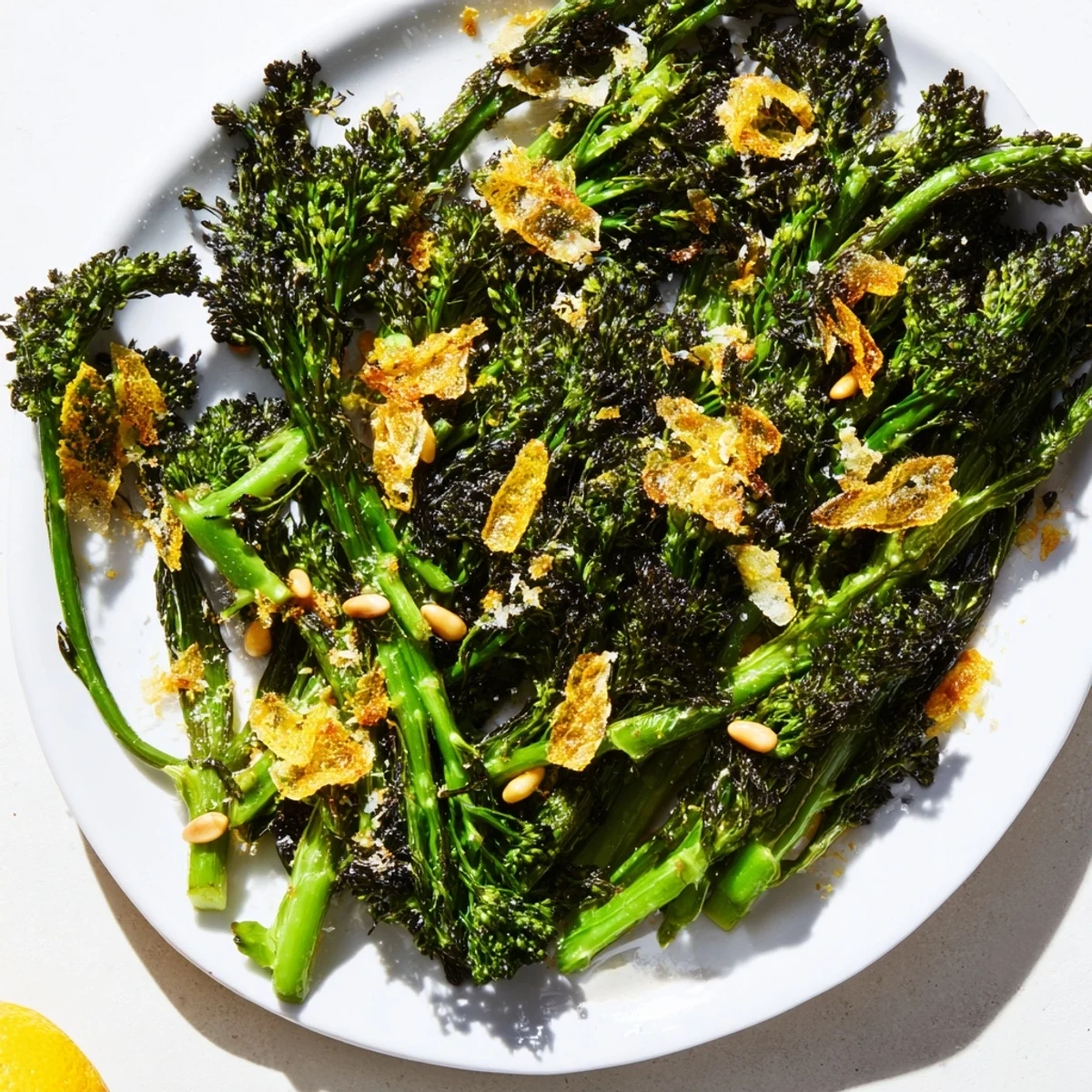 Vibrant Charred Broccolini Salad, with beautifully charred broccolini, garlic, and Parmesan, ready to serve.